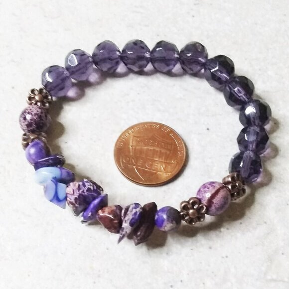 🍂🍁🍃 3/$25!!! Purple Semi-Precious Stone & Glass Beads Bracelet 6-6.5" - Picture 3 of 10